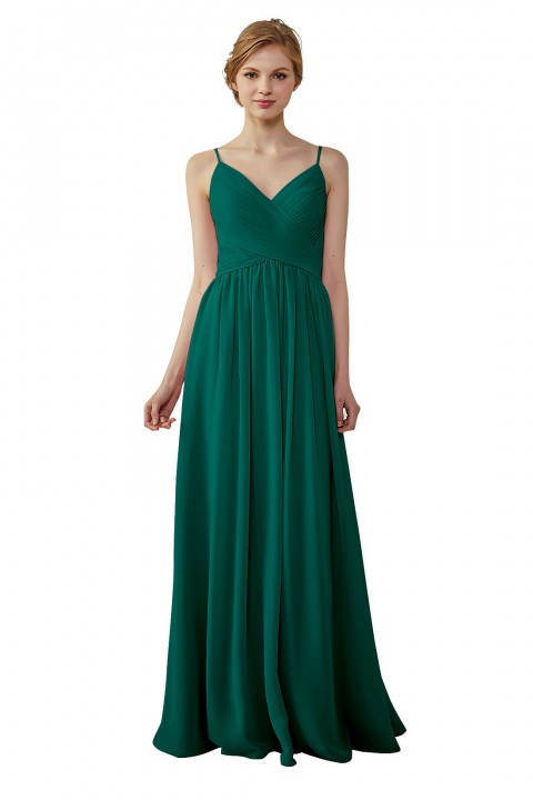 Spaghetti Straps Pleated Low V Back Bridesmaid Dress