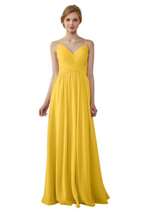 Spaghetti Straps Pleated Low V Back Bridesmaid Dress