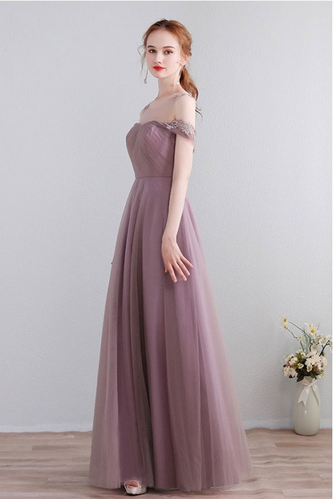 Lace Illusion Scoop Neckline Cold Shoulder Tulle Bridesmaid Dress with Open Back