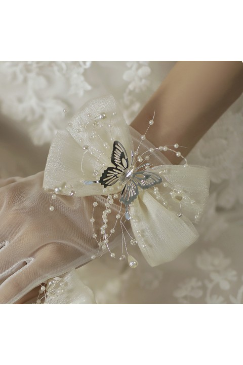 White Lace Silk Bow&Butterfly Shape Decor Tulle Wedding Bridal Gloves