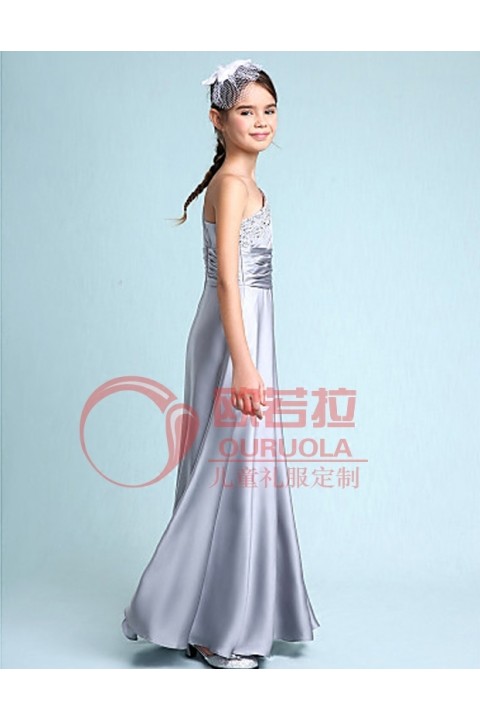 Sliver One-shoulder Sleeveless Satin Skirt Junior Bridesmaid Dresses