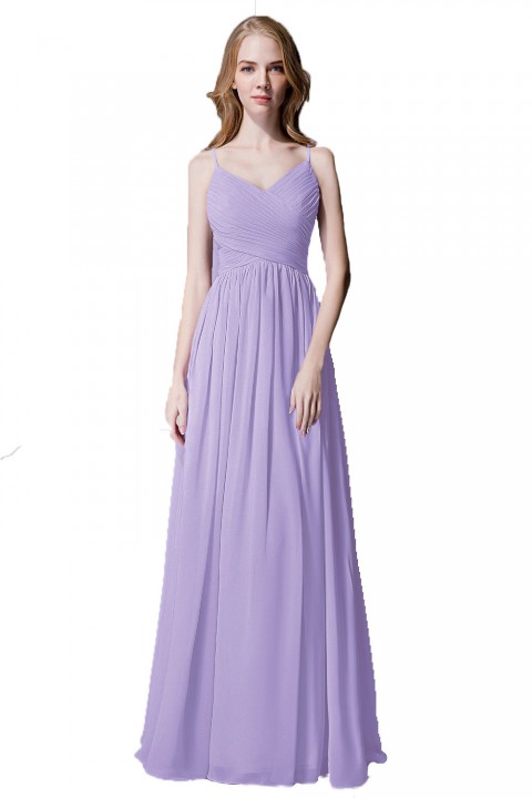 Spaghetti Straps Pleated Chiffon Bridesmaid Dress with Lace Open Back