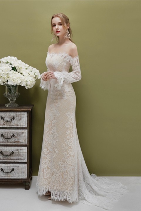 Off Shoulder Long Sleeve Lace Mermaid Wedding Dress with Train