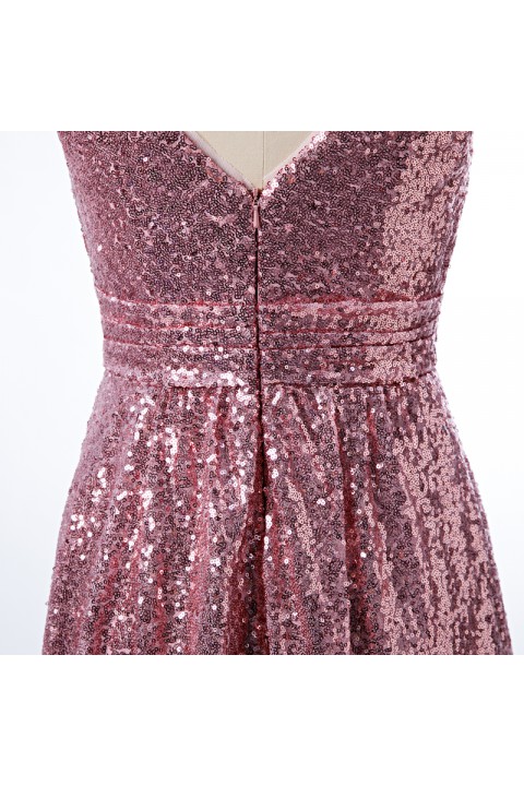 V Neck Ruched Bodice Glitter Sequin Bridesmaid Dress