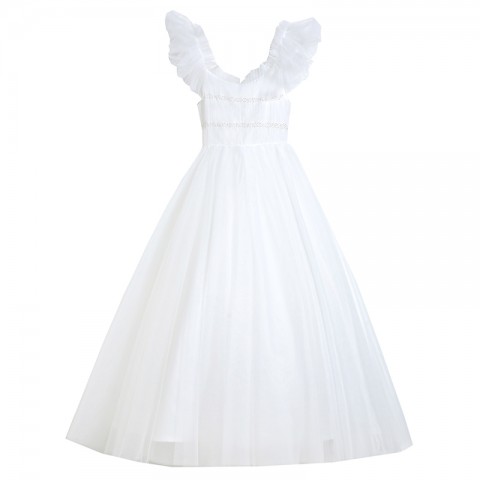 White Ruffle Round Neck Short Sleeves Beaded & Sequined Decor Tulle Skirt Girls Pageant Dress