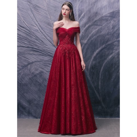 Red Off Shoulder Beaded Sequin Decor Shinny Tulle Party Dress