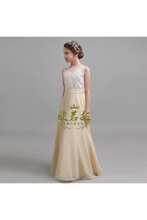 Round Neck Lace Embroidery Sleeveless Chiffon Junior Bridesmaid Dresses