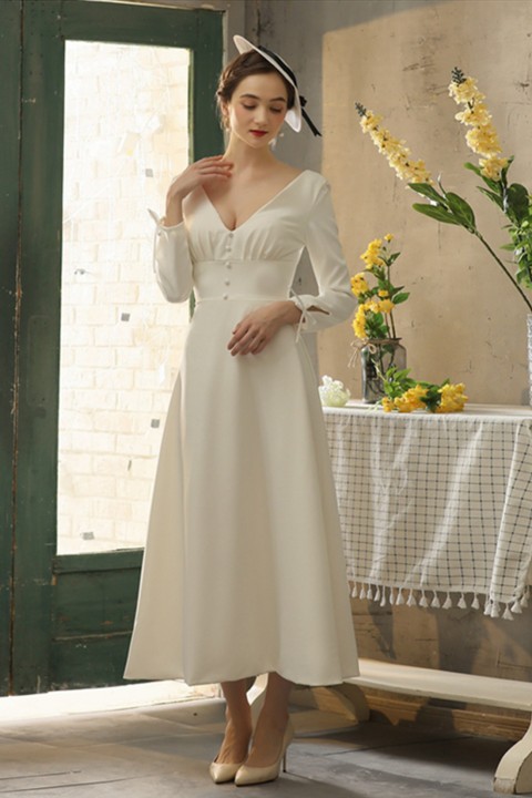 Long Sleeve Deep V Neck & Back Button Casual Satin Wedding Dress