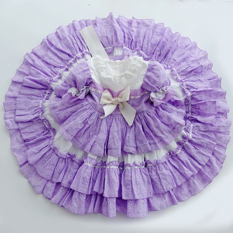 Purple Short Sleeve Bow Decor Layered Princess Costume Dresses