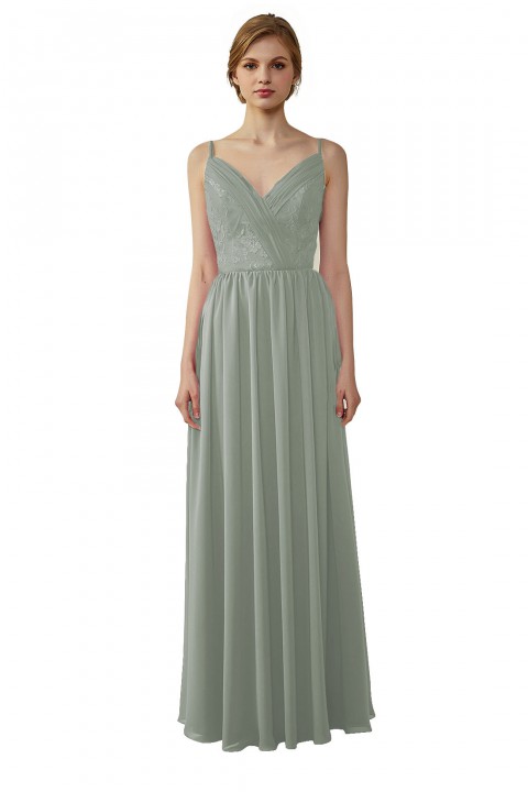 Double Spaghetti Straps Draped Lace Open-back Chiffon Bridesmaid Dress