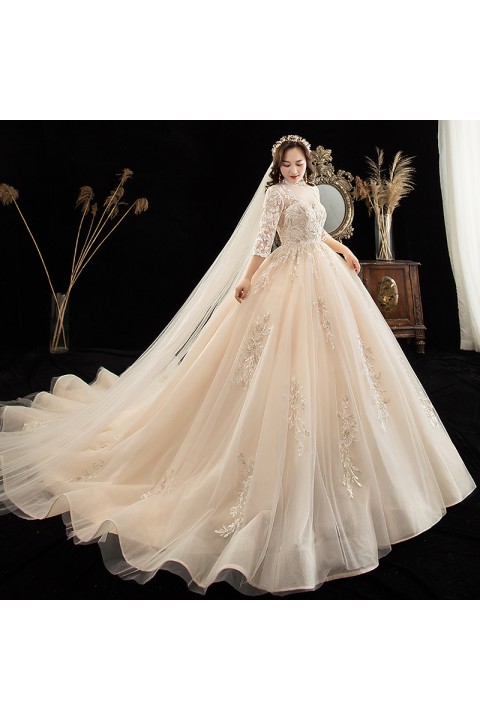 Plus Size 2021 High Lace Neck Half Sleeves Sequin Decor Emboridered Flower Tulle Wedding Dress With Long Train