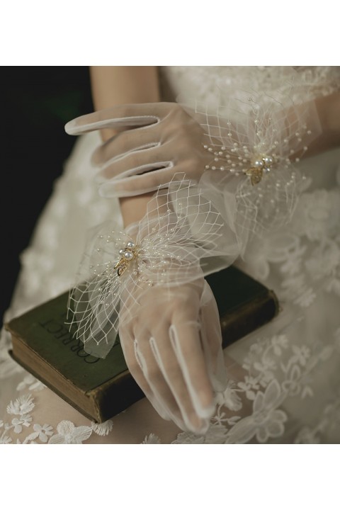 White Pearl Lace Flower Shape Decor Thin Tulle Wedding Bridal Gloves