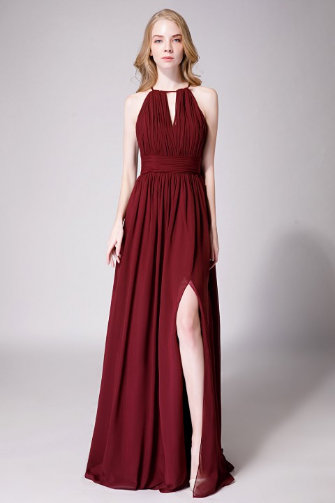 High-Neck with Keyhole Halter Tie Back Chiffon Bridesmaid Dress 