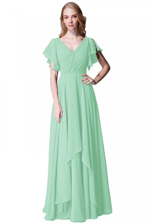 Flutter Sleeve Chiffon Ruched V Back Bridesmaid Dress Long