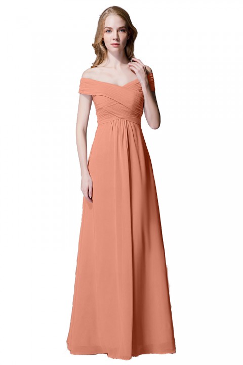 Crisscross Off-the-Shoulder Pleated V-back Bridesmaid Dress Long