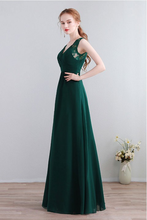 V Neck Illusion Lace Straps Keyhole Back Chiffon Ruched Bridesmaid Dress