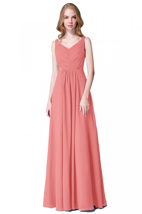 Elegant V-Back Chiffon Tank Bridesmaid Dress with Mesh Lace Inset