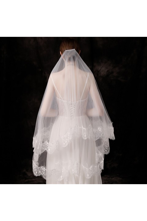 Lace Crochet Two-Tier Bridal Veil with Comb