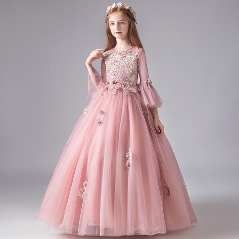 Round Neck Long Puff Sleeve Embroidery Beaded Decor Tulle Skirt Girls Pageant Dresses