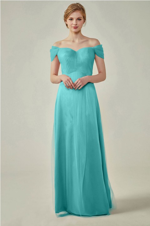 Simple Off the Shoulder Tulle Sweetheart Column Bridesmaid Dress