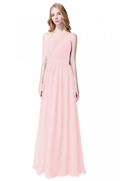 Illusion One-Shoulder Chiffon Pleated Bridesmaid Dress Long