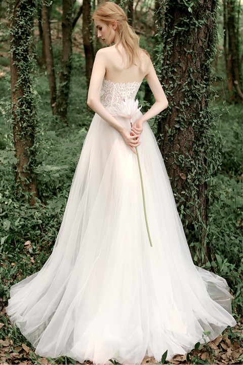 Strapless Lace Bodice Tulle Skirt A Line Wedding Dress