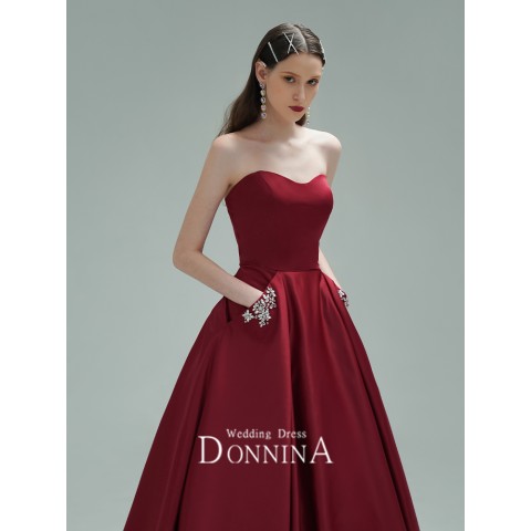 Burgundy Off Shoulder Sweetheart Neck Beaded Flower Decor Vintage Satin Party Dress