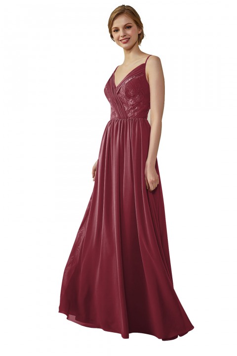 Double Spaghetti Straps Draped Lace Open-back Chiffon Bridesmaid Dress