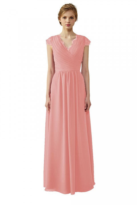 Lace Cap Sleeves  V-Neck Lace Back Closure with Keyhole Bridesmaid Dress