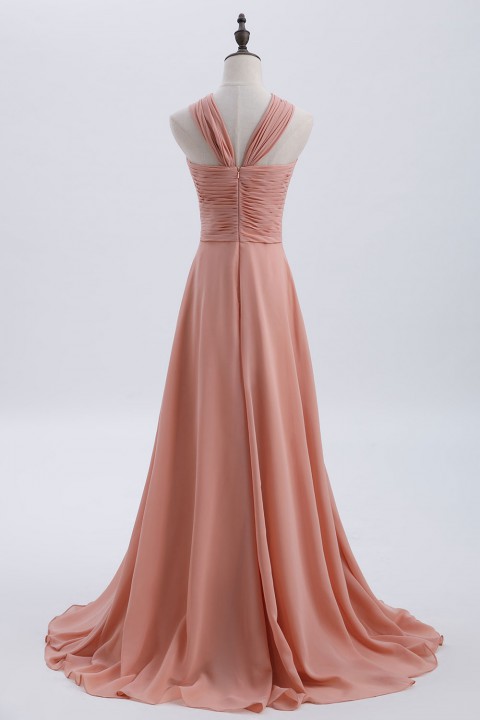 Chic Criss-cross Halter Pleated Chiffon Bridesmaid Dress Long