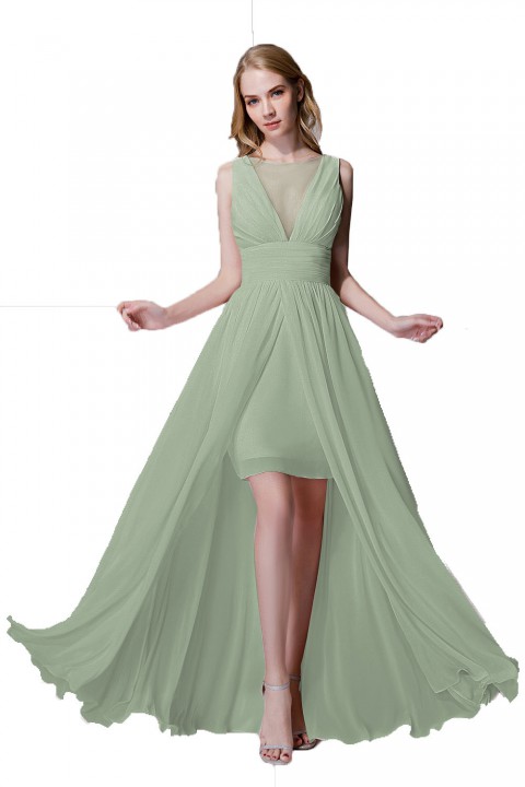 Plunging Illusion Tulle Scoop Neck High Slit Chiffon Bridesmaid Dress