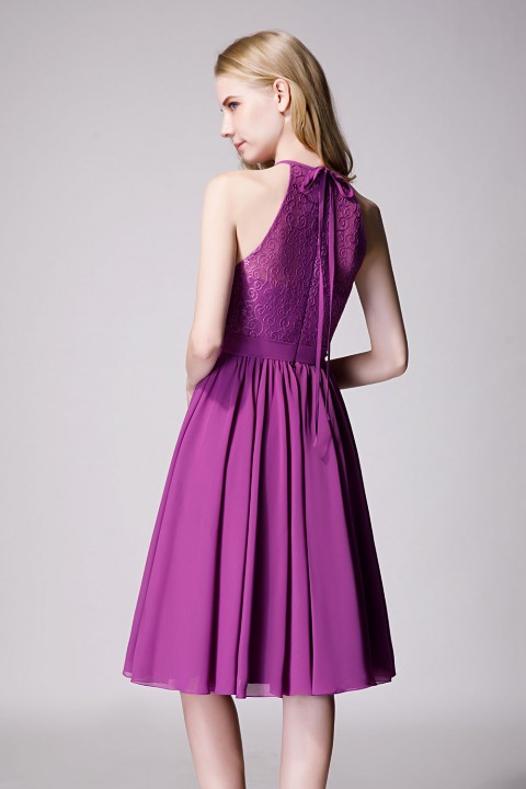 Illusion High Neck Halter Lace Short Bridesmaid Dress with Tie Detail