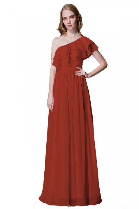 Asymmetrical One-Shoulder Flounce Chiffon Bridesmaid Dress Long