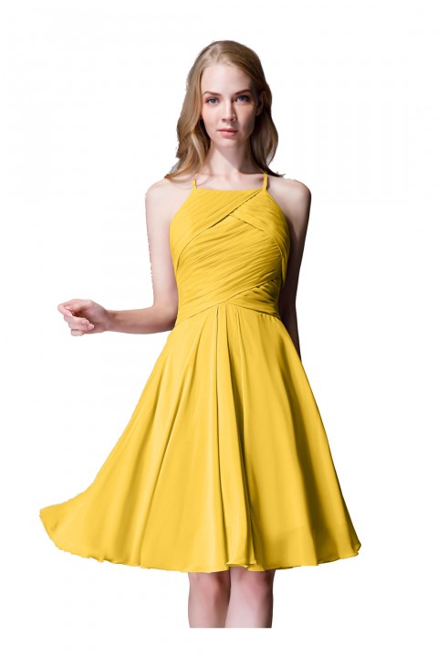 Elegant Halter Tea Length Pleated Chiffon Bridesmaid Dress with Tie Back