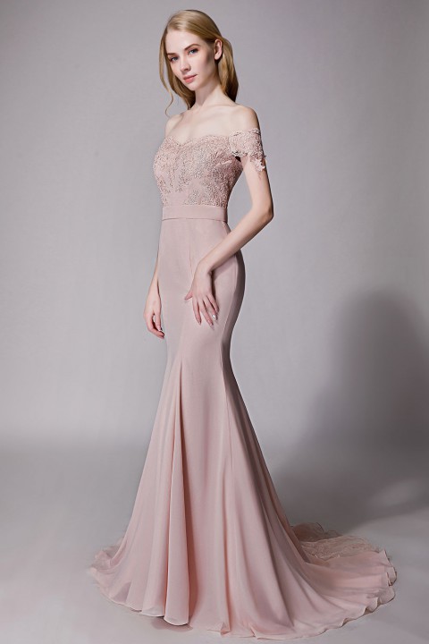 Elegant Mermaid Off Shoulder Chiffon Lace Straight Bridesmaid Dress with Train