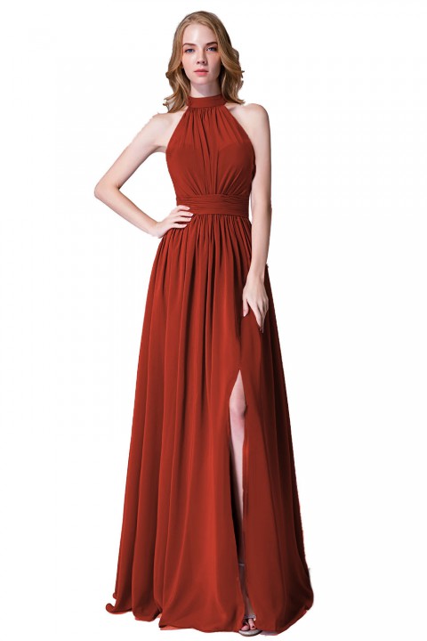 Illusion Neckline High Neck Halter Side Slit Chiffon Bridesmaid Dress with Keyhole