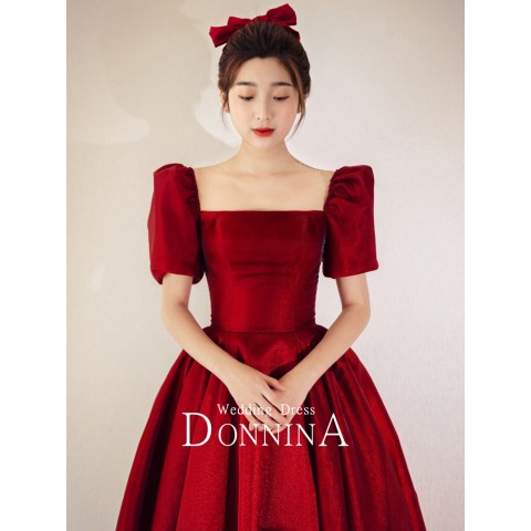 Classic Burgundy Square Neck Puff Sleeves Satin Party Dress