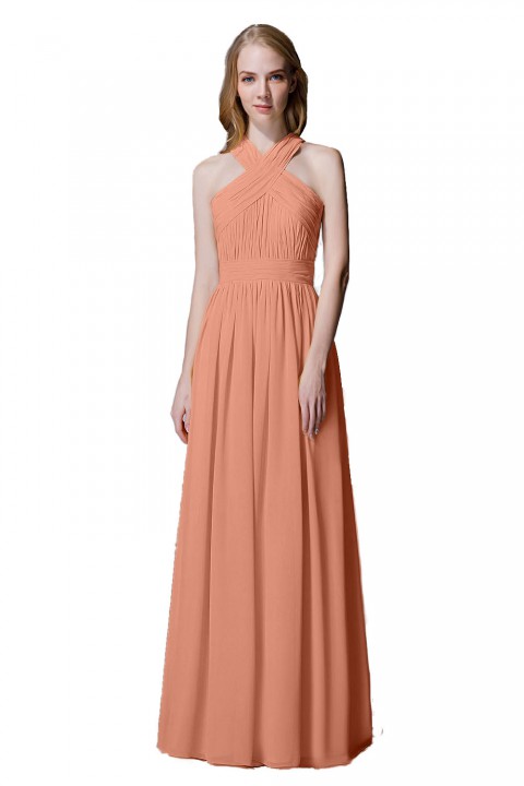 Criss-cross Halter Pleated Chiffon Bridesmaid Dress with Cross-straps Back