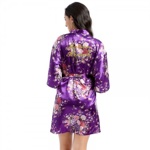 Floral Slogan Printed Tied Waist Silk Marton of Honor Robe