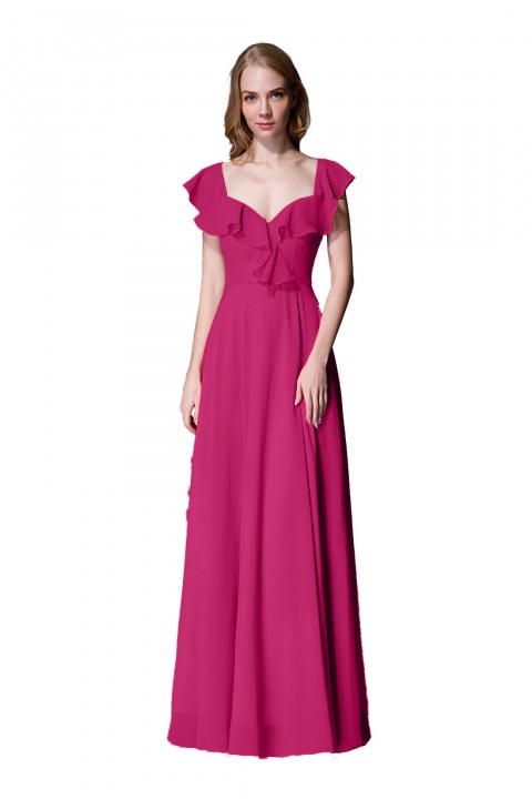 V Neck Cascading Ruffles Sleeve Bow Back Bridesmaid Dress 