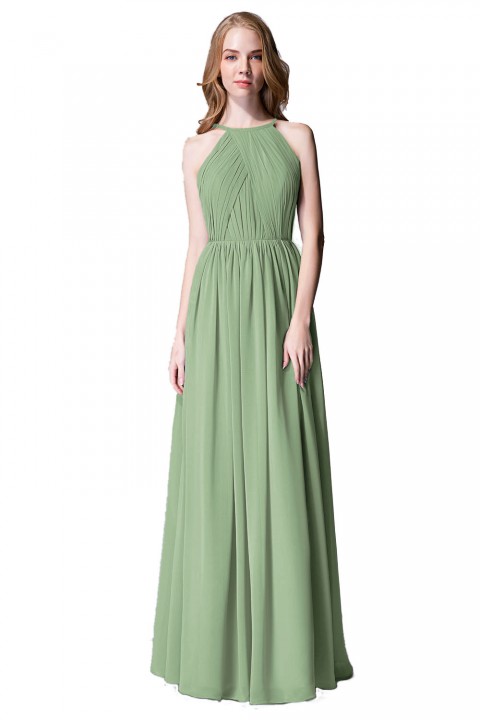 Pleated A-Line Halter Spaghetti-Straps Back Chiffon Bridesmaid Dress