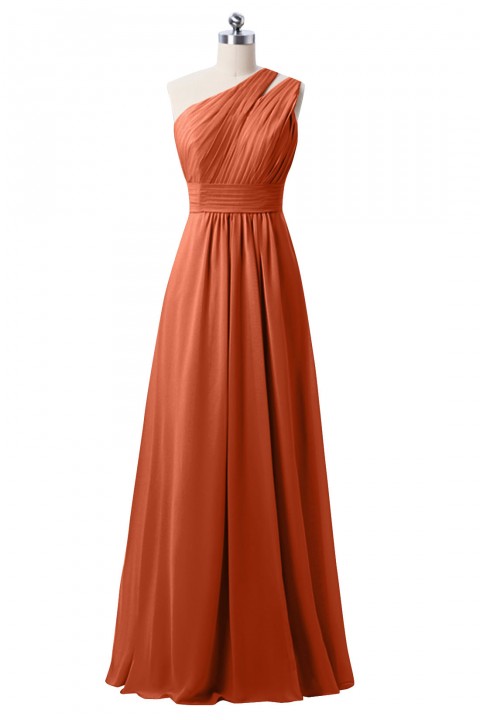 One Shoulder with Double-Straps Detail Pleated Bodice Floor Length Chiffon Bridesmaid Dress