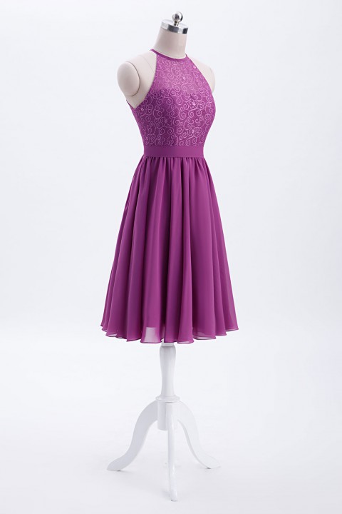 Illusion High Neck Halter Lace Short Bridesmaid Dress with Tie Detail