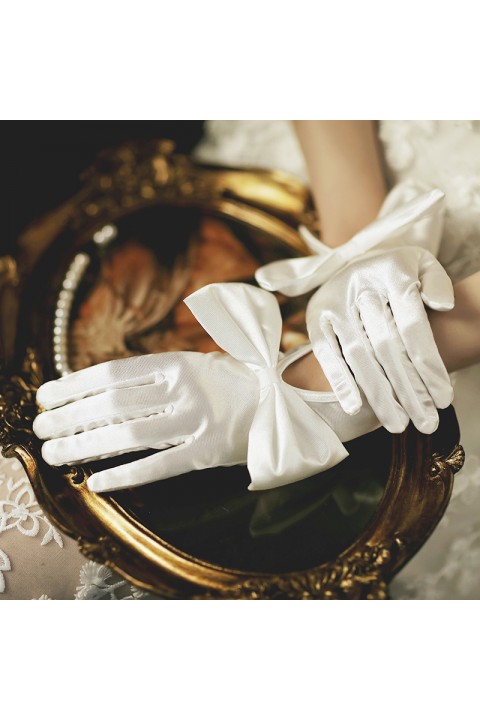 White Big Bow Decor Bright Satin Wedding Bridal Gloves