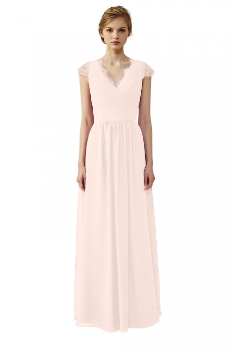 Lace Cap Sleeves  V-Neck Lace Back Closure with Keyhole Bridesmaid Dress