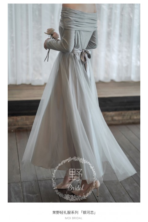 Grey Off Shoulder Long Sleeves Back Bowknots Chiffon Bridesmaid Dress
