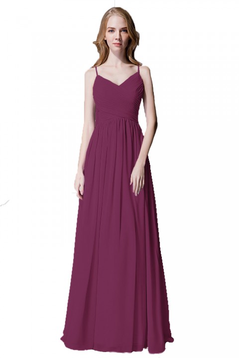 Spaghetti Straps Pleated Chiffon Bridesmaid Dress with Lace Open Back