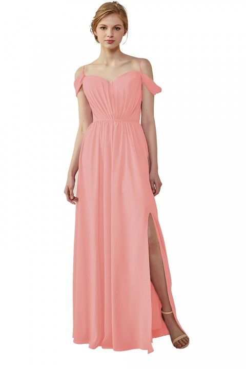 A-Line Cold Shoulder Spaghetti Straps Chiffon Bridesmaid Dress with Side Slit