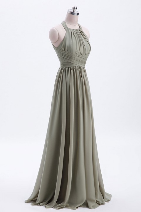 Sophisticated Halter Neckline Keyhole Back Pleated Bridesmaid Dress