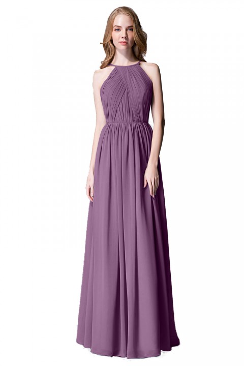 Pleated A-Line Halter Spaghetti-Straps Back Chiffon Bridesmaid Dress